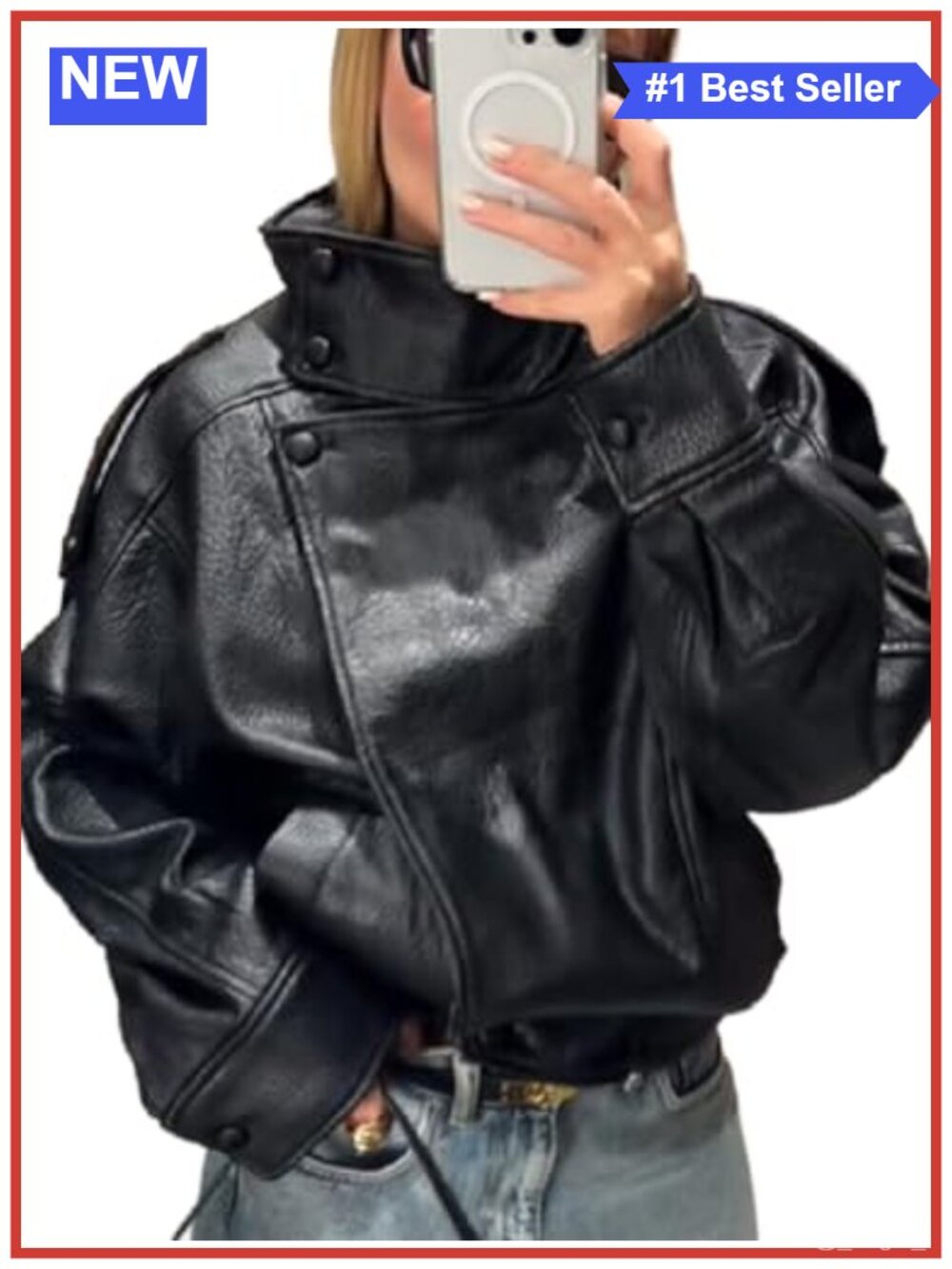 Faux Leather Jacket Women Lychee Texture Stand Collar Casual Coat